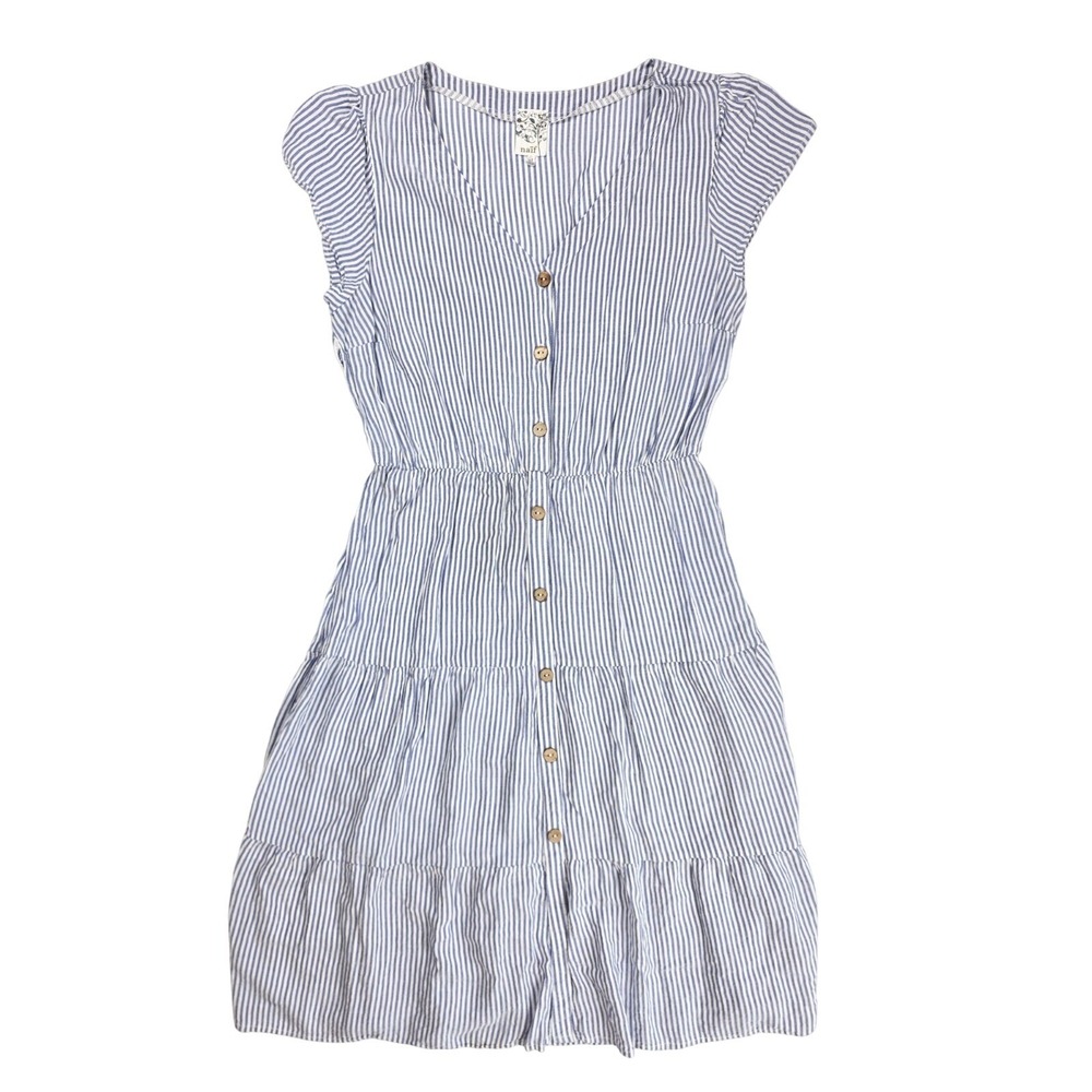 Naif Blue White Pin Striped Elastic‎ Waist Ruffle Hem Midi Dress Women's Size M